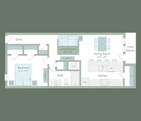 A floor plan of a house showing a bedroom, living room, dining room, kitchen, and bathroom.